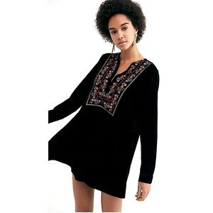 Free People Black Velvet Embroidered Long Sleeve Mini Dress Size Medium